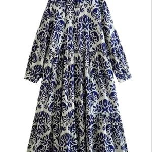 Elegant Blue and White Patterned Dress